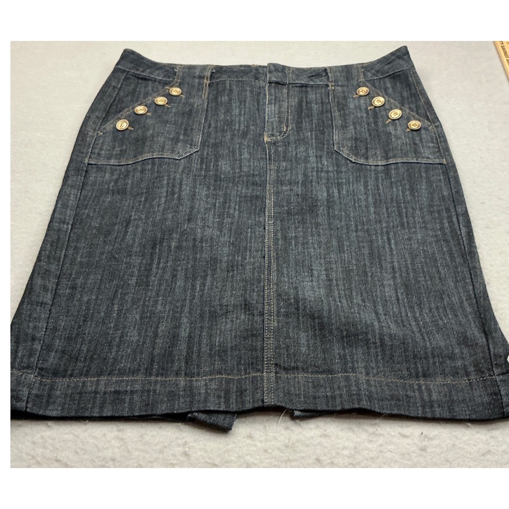 Vintage Dark Wash Denim Sailor Skirt‎ Gold Buttons Size 12 Pencil Skirt